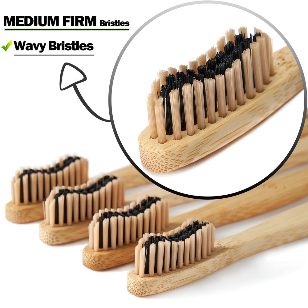 Bamboo Toothbrushes 10 Pack Biodegradable Soft Medium Charcoal Bristles