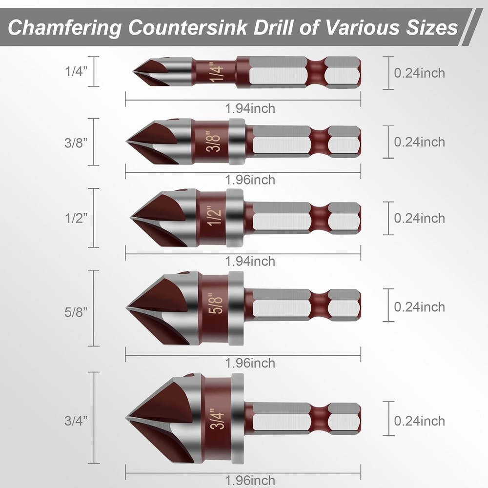 5PCS Countersink Drill Bit Set, 82 Degree HSS Counter Sink for...