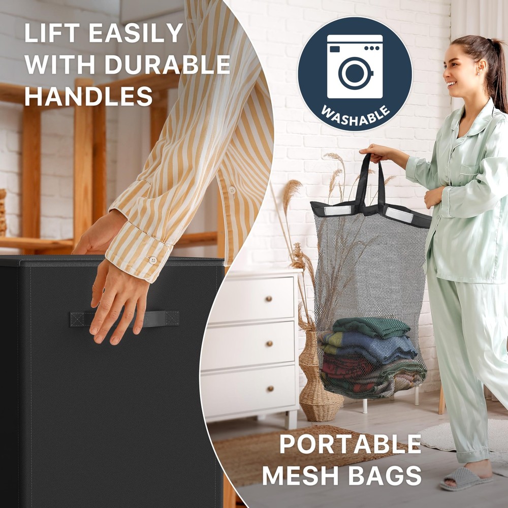 Double Laundry Hamper with Lid and Removable Bags, Black