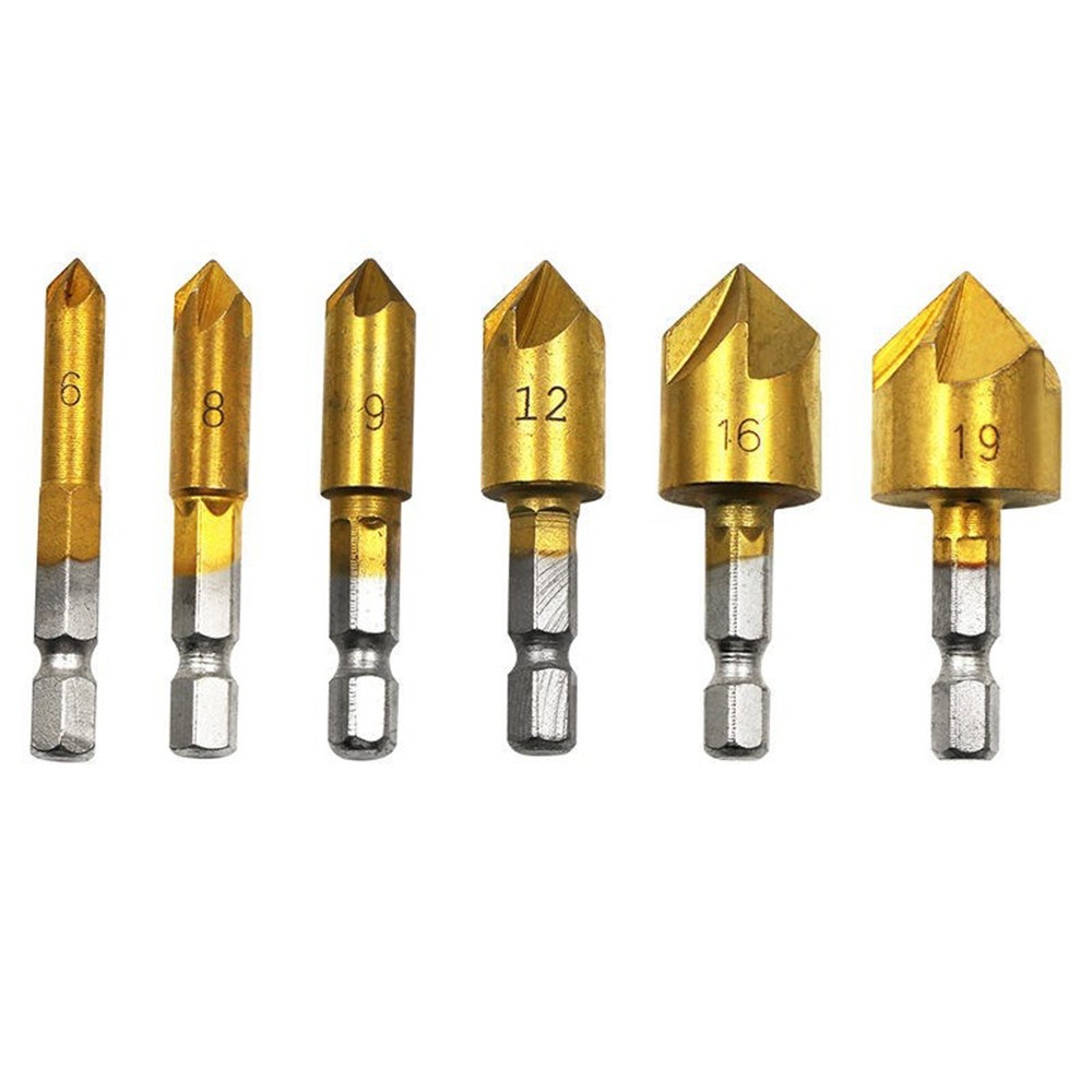 6Pack 1/4" Hex Shank Countersink Tool Drill Bit Set 6mm-19mm Sink Chamfer Cutter