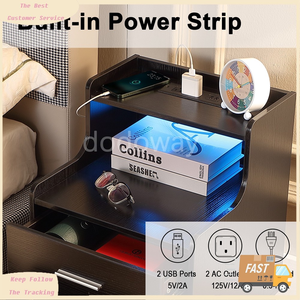 2 Set Black Bedside Table Nightstand End Side Table With USB Charging Station