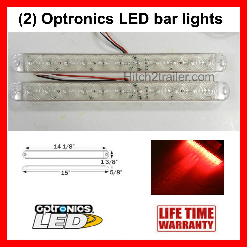 (2) Clear/Red Truck Trailer Stop Tail Turn Bar Light 11 LED 15" low profile