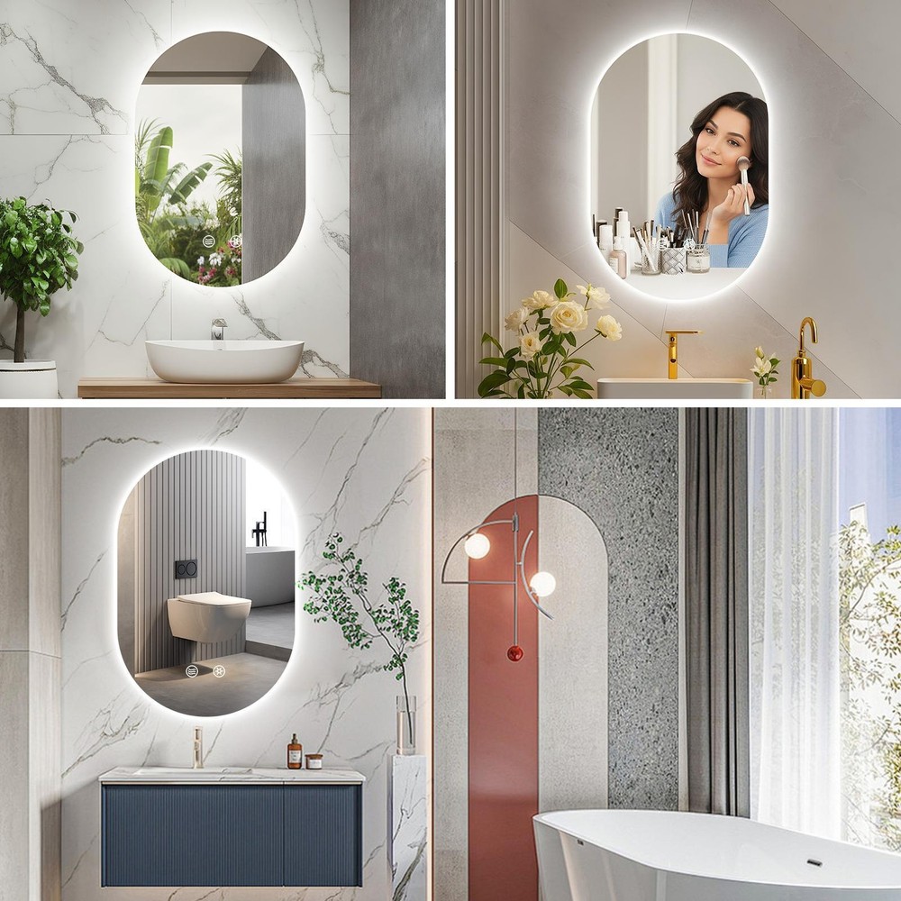LED Dimmable Lighted Bathroom Mirror Anti-Fog Wall Mounted Rectangle Mirror