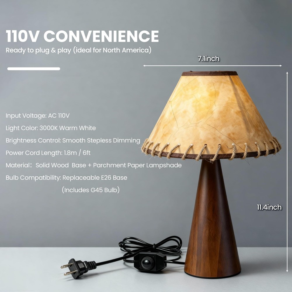 URLIGHTS Table Lamp, Wooden Base, Dimmable E26, Bulb Incl, for Bedside, Room