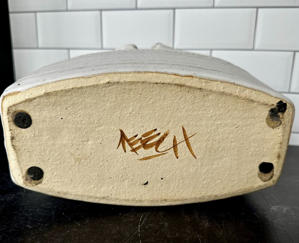 Cream Oval Cinched Edge Studio Pottery Planter Signed "Leech"