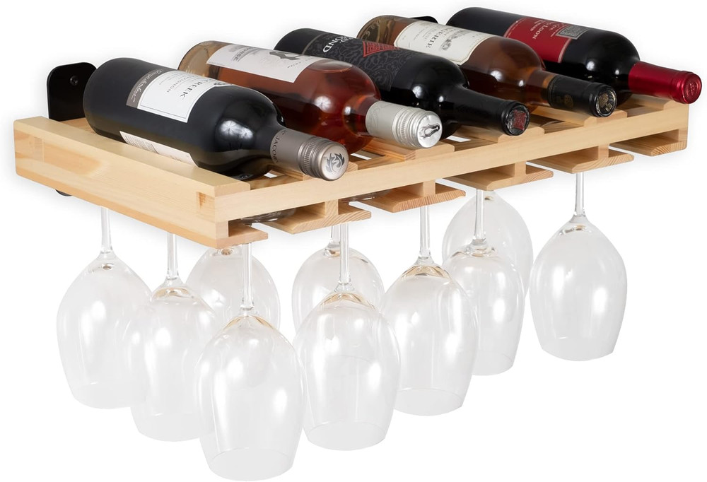 Natural Wood Floating Wine Rack with Glassware Holder - Wall Mounted Storage