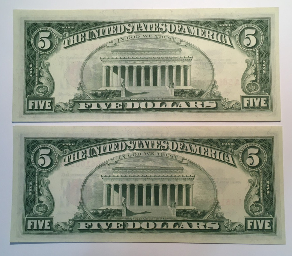 2 Sequential 1963 $5/Red Seal United States Note Fr 1536 PRISTINE