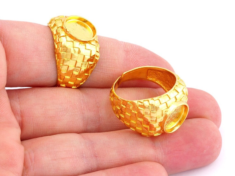 Square Checker Adjustable Ring Round Blank Bezel Setting - Shiny Gold Brass 4918