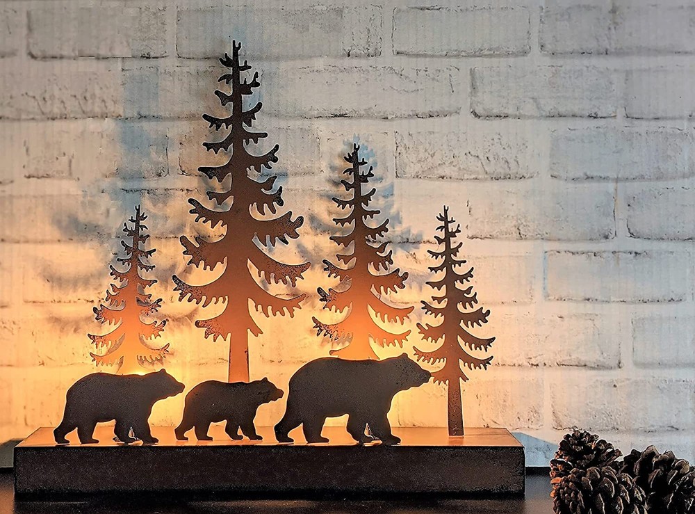 Rustic Brown Metal Bear Forest Silhouette Ambient Light NightStand Table Lamp