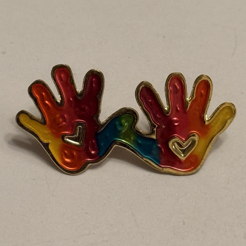 Rainbow Colored Hands Pin Hearts & Gold Tone