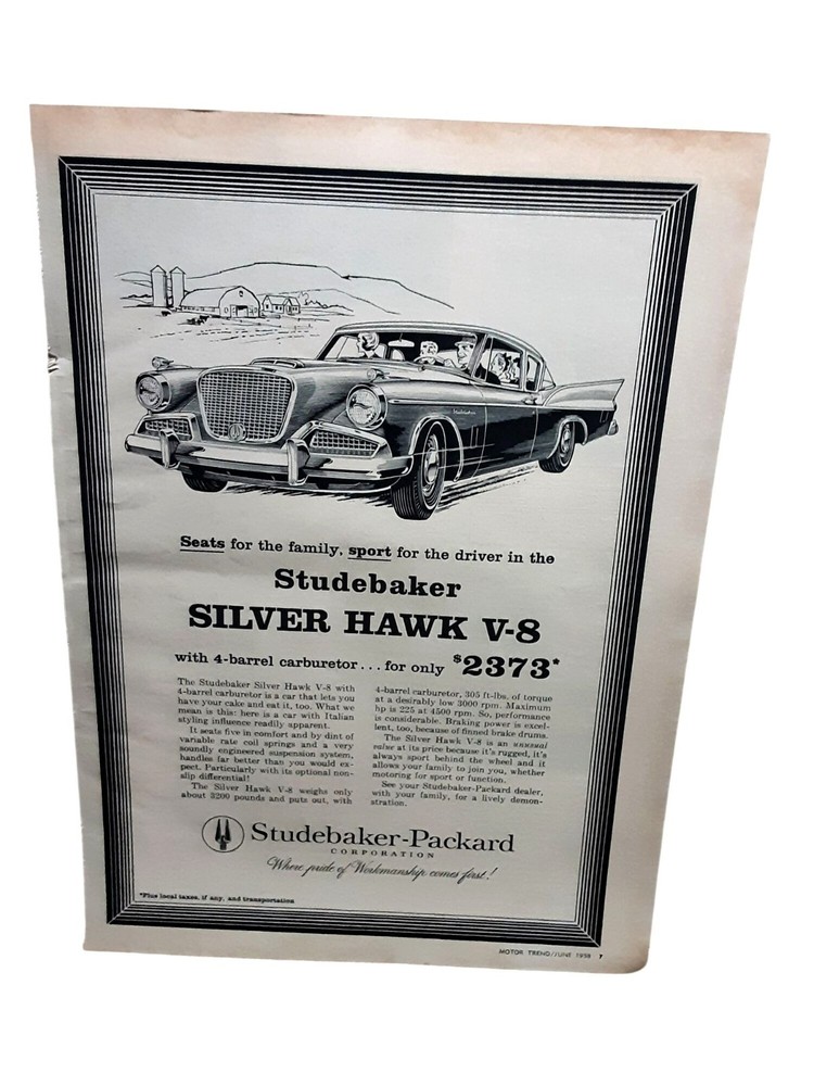 1958 Studebaker Silver Hawk V8 Print Ad 4 Barrel Carburetor Car Ad
