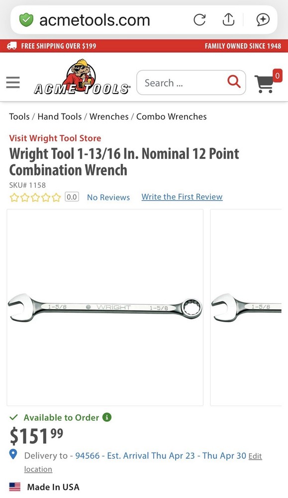 Wright Tool 1-13/16” Combination Wrench WRIGHTGRIP 12 Point #1158