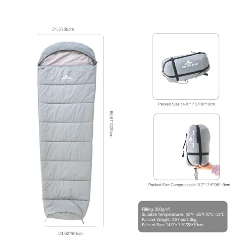 Lightweight Mummy Sleeping Bag 2.87lbs, Backpacking Sleeping Bag 42℉ STONE GREY