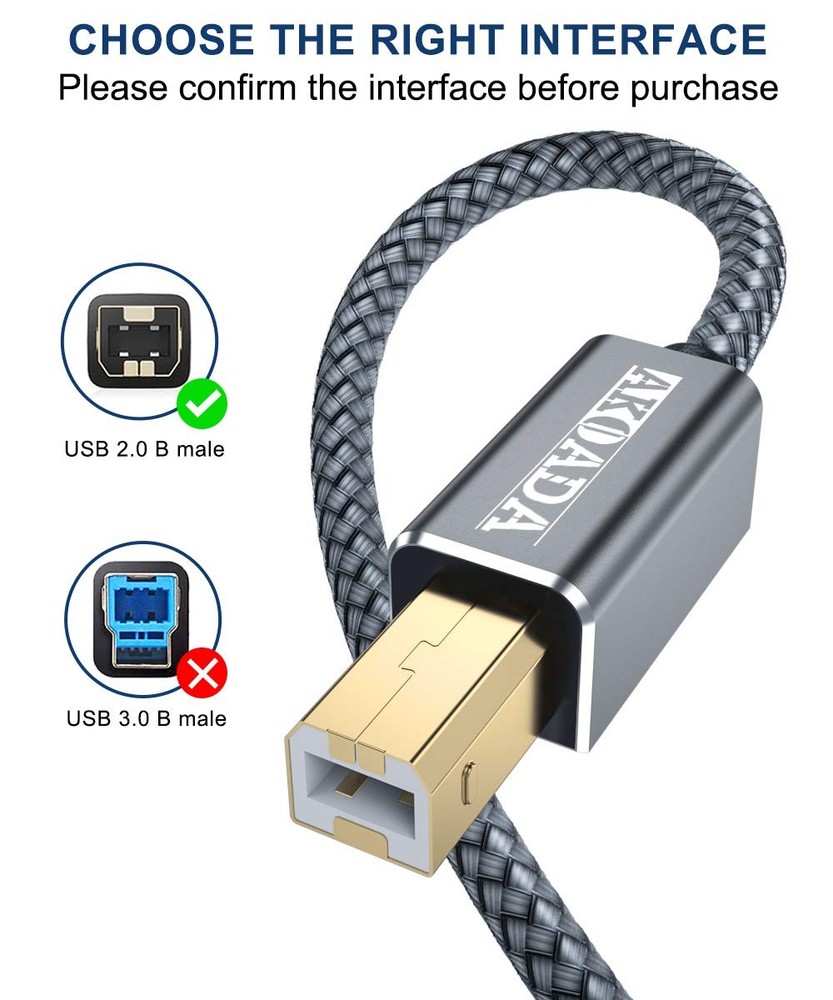 AkoaDa Printer Cable,USB A to B Cable 10ft USB 2.0 Cord 10 feet, Grey