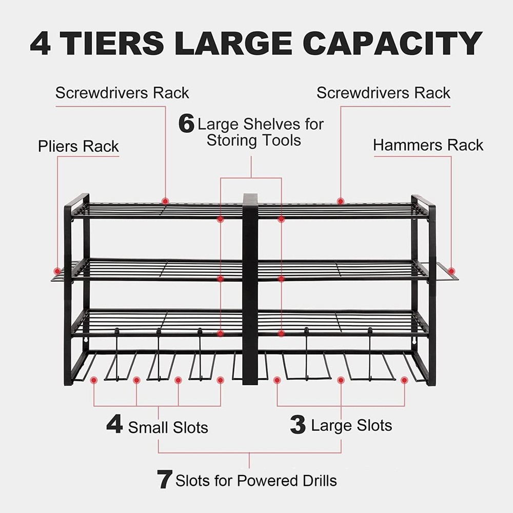 Power Tool Storage Rack Wall Mount 4 Layer Garage Organizer Heavy Duty