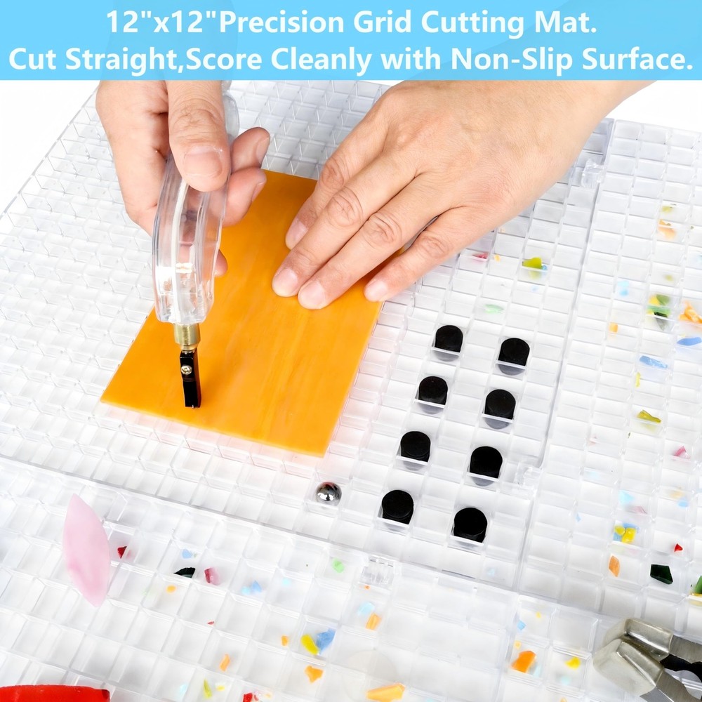 Stained Glass Cutting Mat, Solid Bottom Plastic Grid, 12"x12", Includes Rubbe...