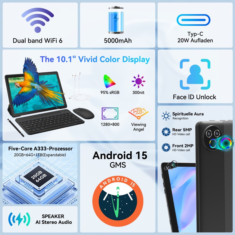 Android15 Tablet 64GB 10.1 in IPS HD Touchscreen Quad Core Processor Dual Camera