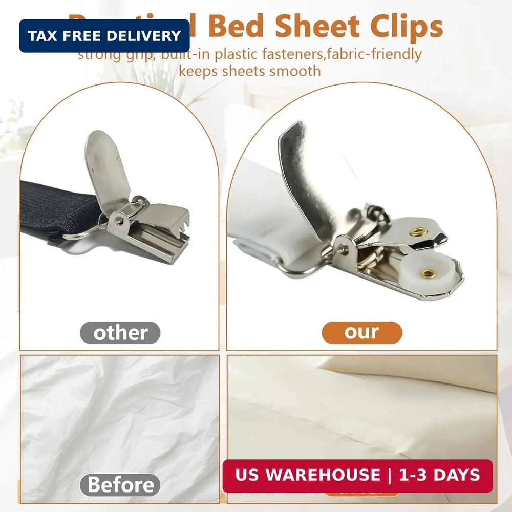4PCS Bed Sheet Straps with Metal Clips, Adjustable Elastic Fitted Sheet Holders