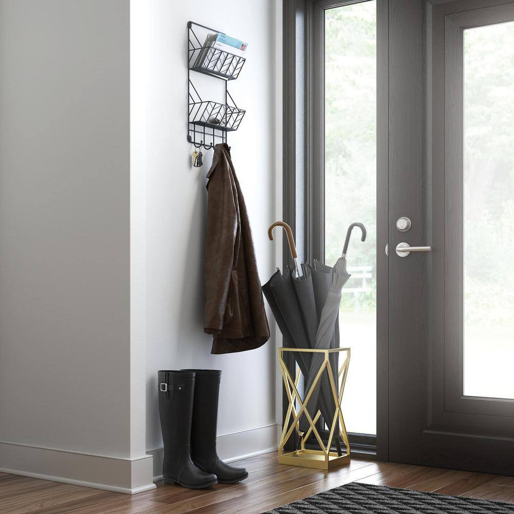 12 In. L Black Double Mail Basket Holder with Hooks