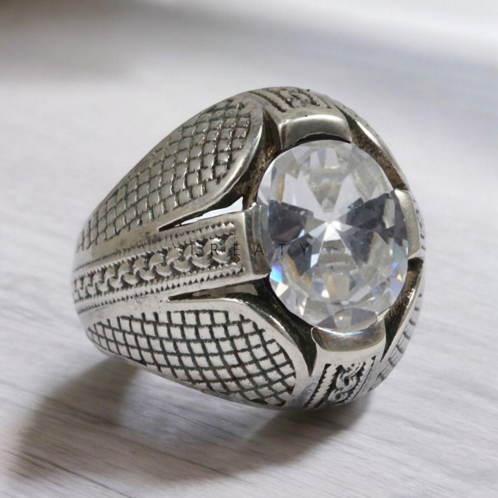 Moissanite Oval Cut Gemstone With 14K Solid White Gold Ring For Men's #A21