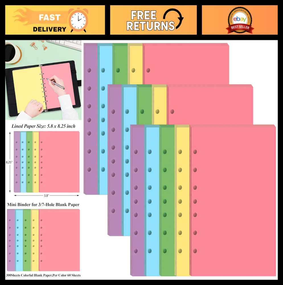 3-Pack Mini Binder Blank Paper - 300 Sheets Loose Leaf Refills for 3/7 Ring Bind