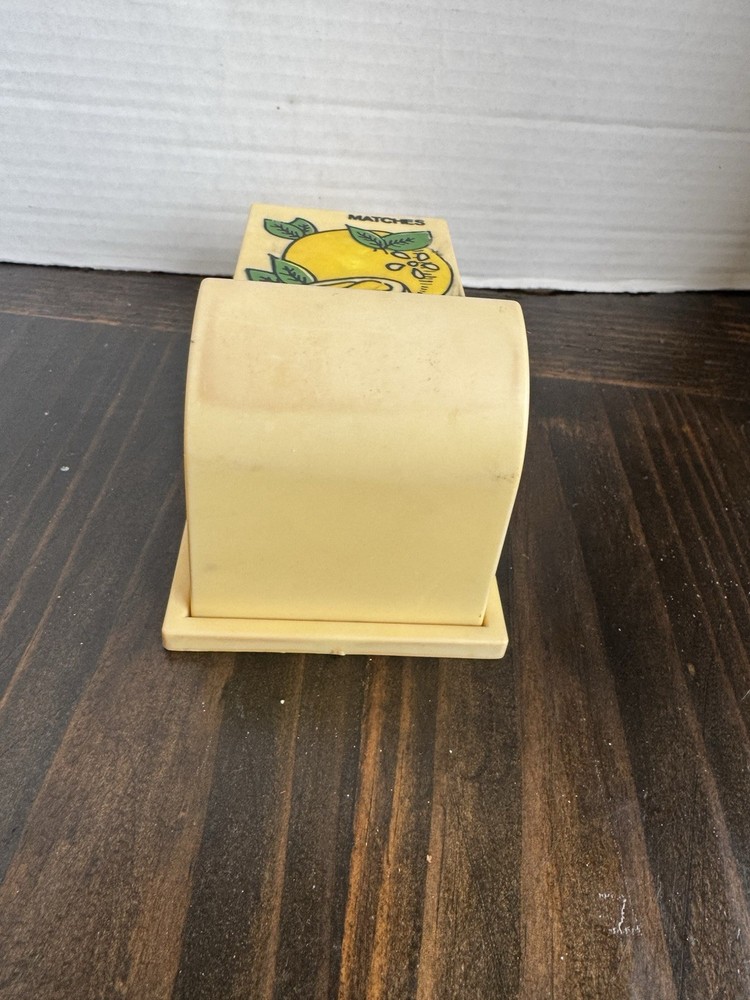 Vintage Match Holder Box Yellow with Lemon Design Plastic