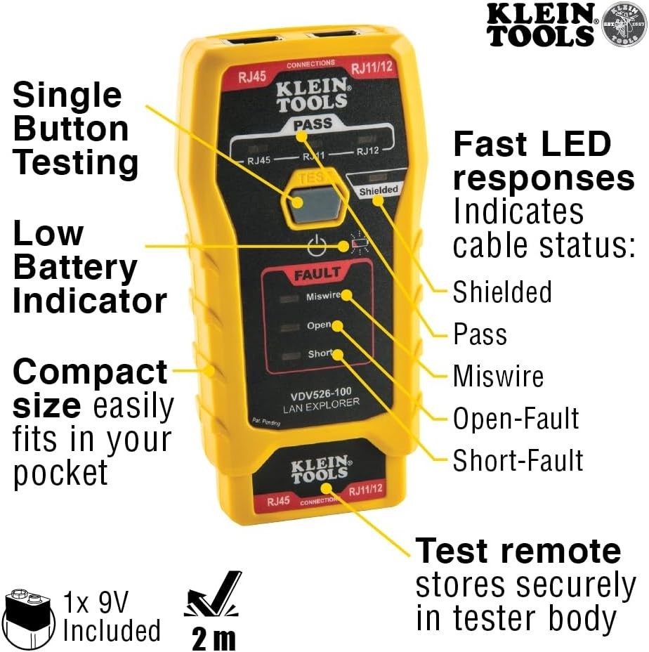 Portable 100 Network LAN Cable Tester with Battery Power & LED Status Indicators