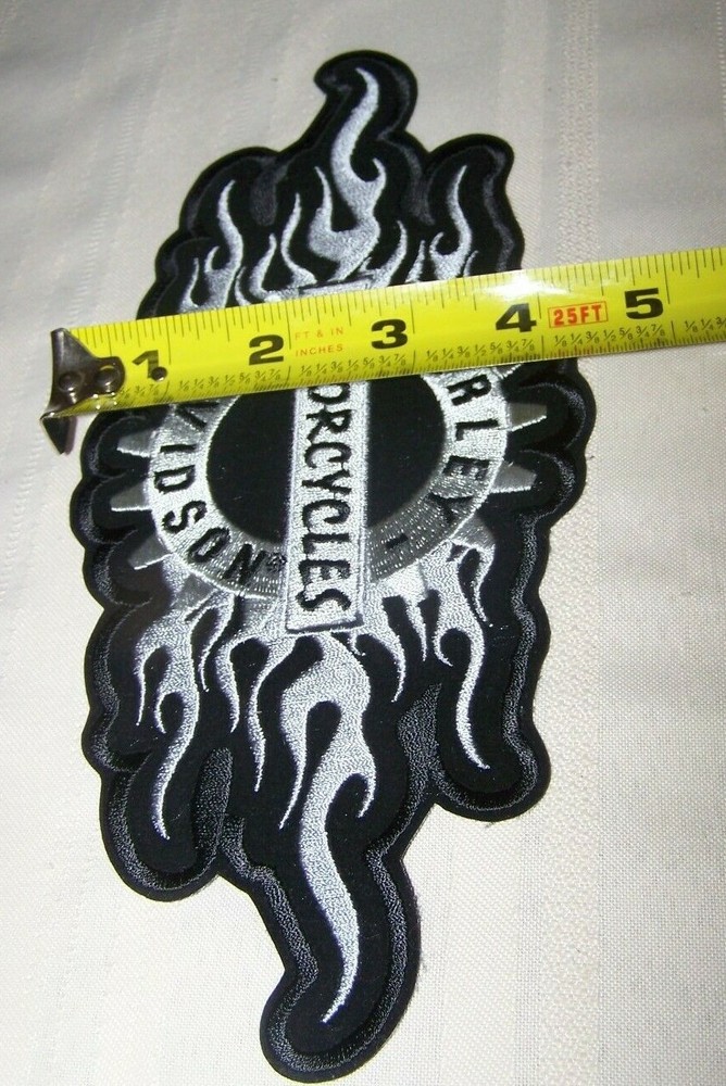 Harley Davidson Flame Bar & Shield Black Silver Back Vest Patch 11 x 5
