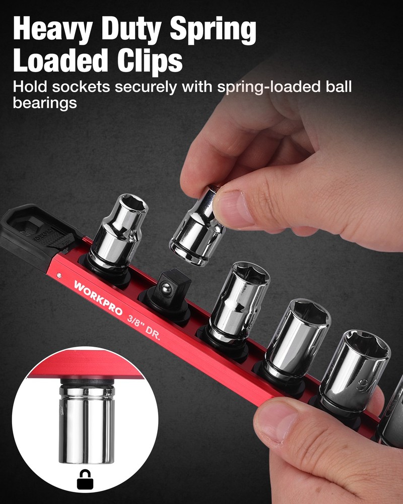 WORKPRO 3/8" Drive Magnetic Socket Organizer with 10Pcs Removable Socket Clips