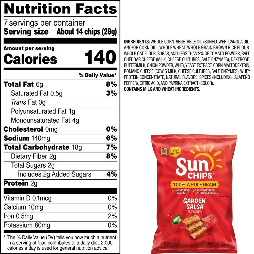 SunChips Garden Salsa Flavored Whole Grain Snack Chips, 7 oz Bag