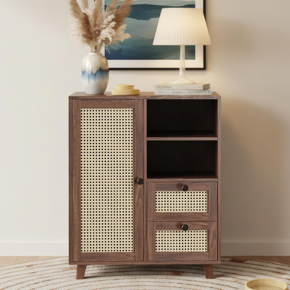 Walnut Rattan Buffet Cabinet with Storage, 2 Drawers & Adjustable Shelves
