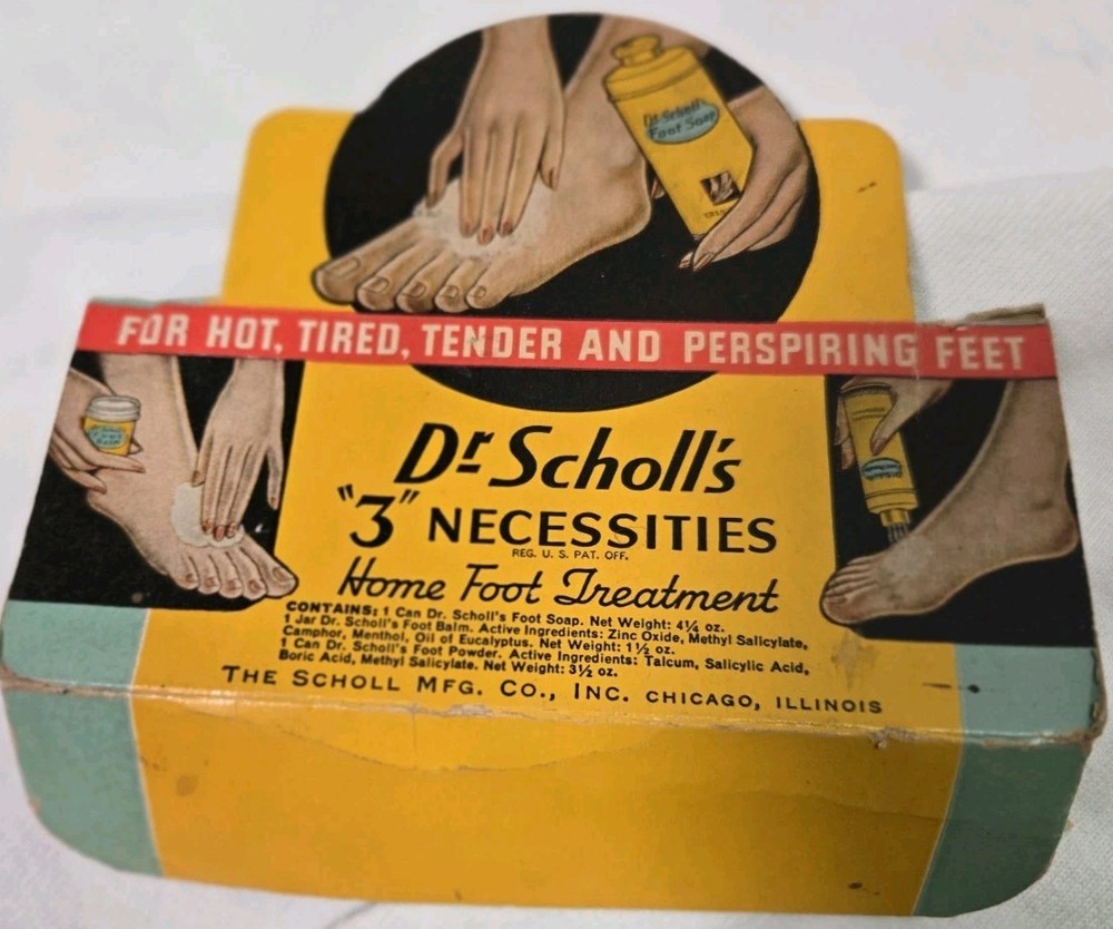 Vintage Dr Scholl’s “3 Necessities” Kit FULL Foot-Dok Boxes + Roller