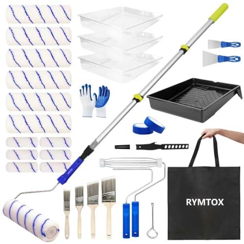 33PCS Paint Roller Kit with Extension Pole | 2–4 FT Pole | 9" & 4" Paint