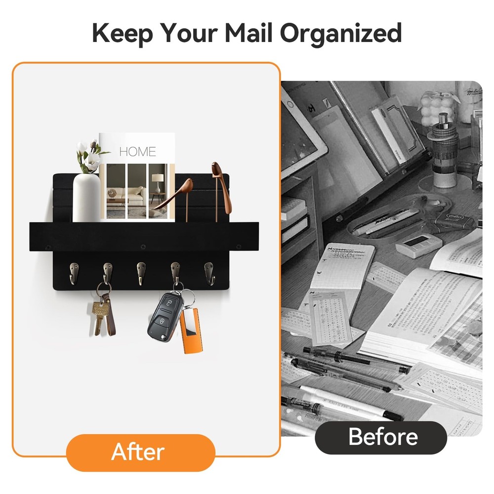 KISENG Key Holder Wall Mount, Rustic Key Hooks for Wall with Shelf for Mail