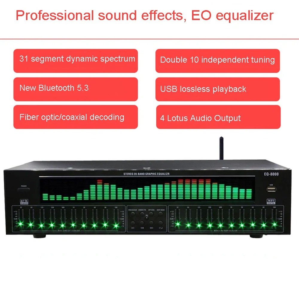 EQ8000 Equalizer – 30-Band Graphic, Bluetooth 5.3, USB Playback, AC220V
