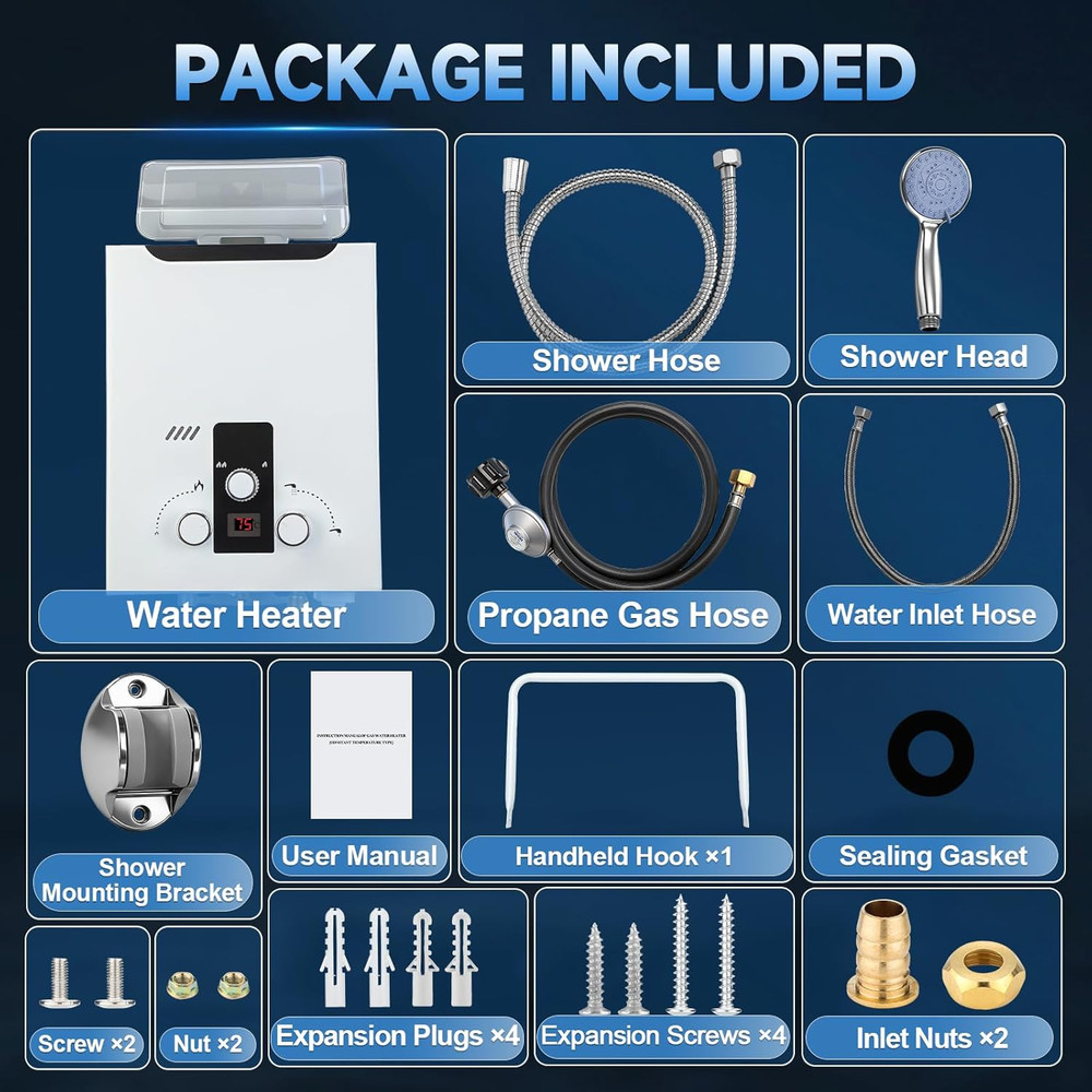 Propane Tankless Water Heater Outdoor, 2.11 GPM 8L, Portable Gas Water Heater wi