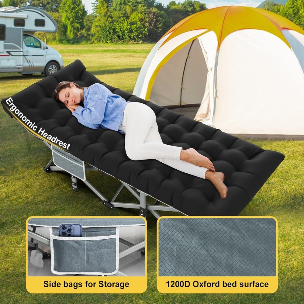 Black folding camp bed with mattress, 800 lb. maximum load capacity