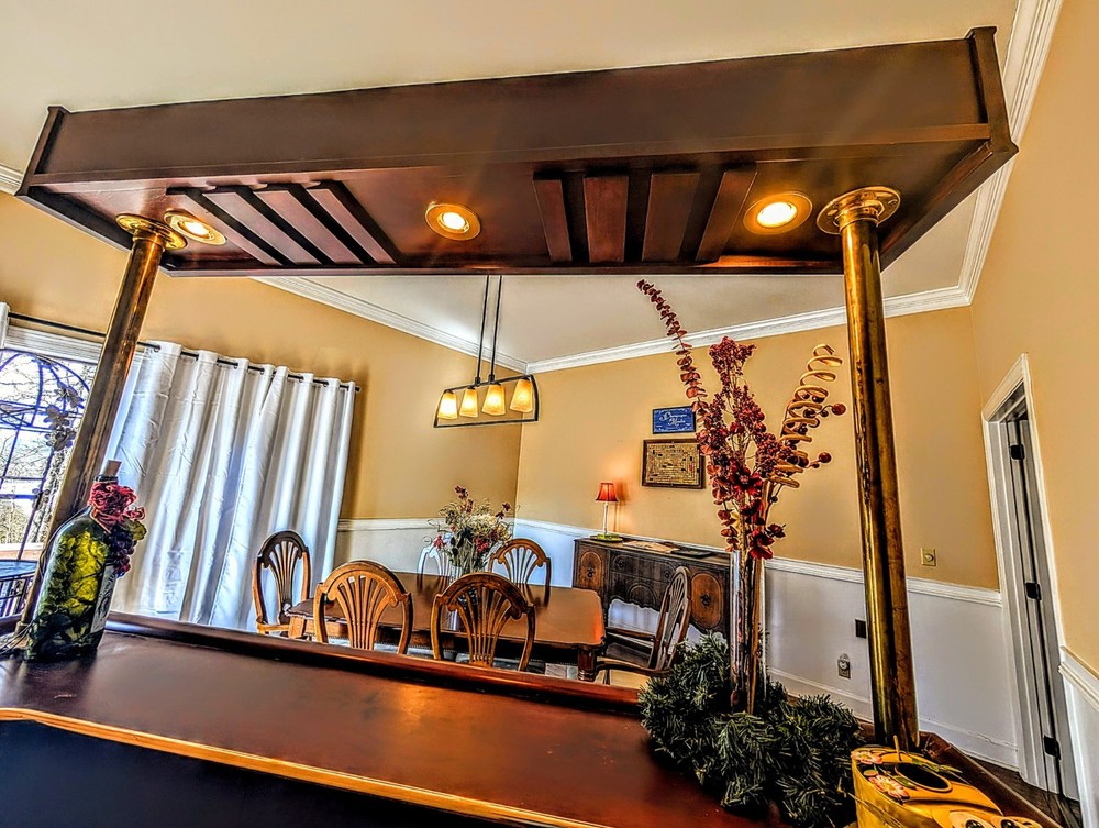Executive Solid Wood Home Bar 77” w/ Brass Columns & Touch Lighting Pub Style