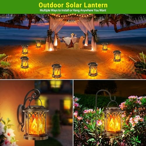 Solar Lanterns Outdoor Waterproof, Upgraded Flickering Solar 4 Pack Flame