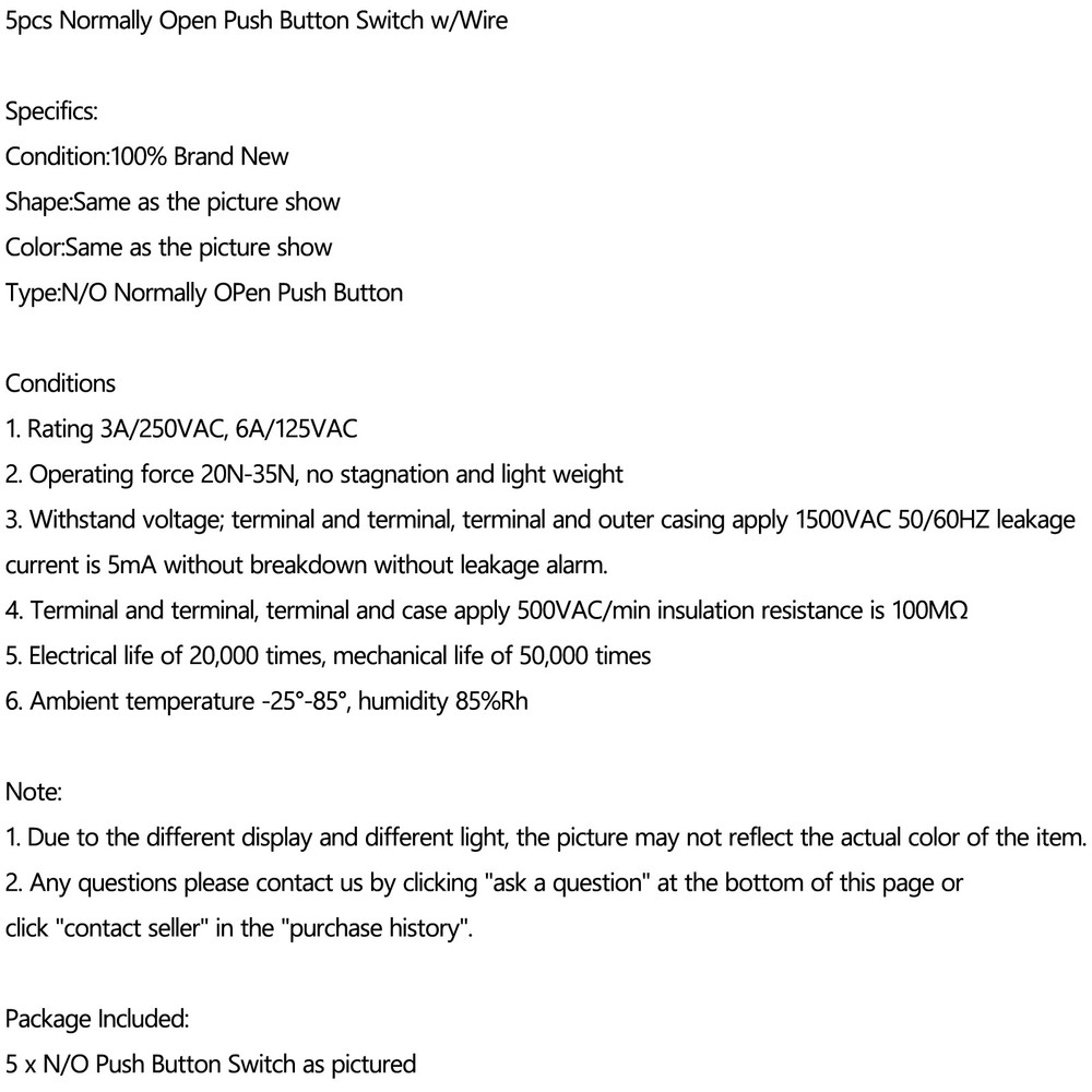 💯5pc Normally Open Momentary Self-resetting Push Button Reset Switch w/Wire