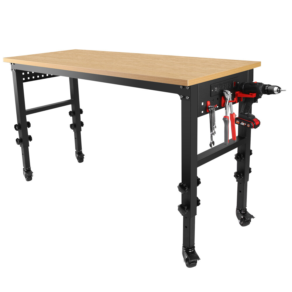Rolling Heavy-Duty Adjustable Workbench with Power Outlet and Wheels