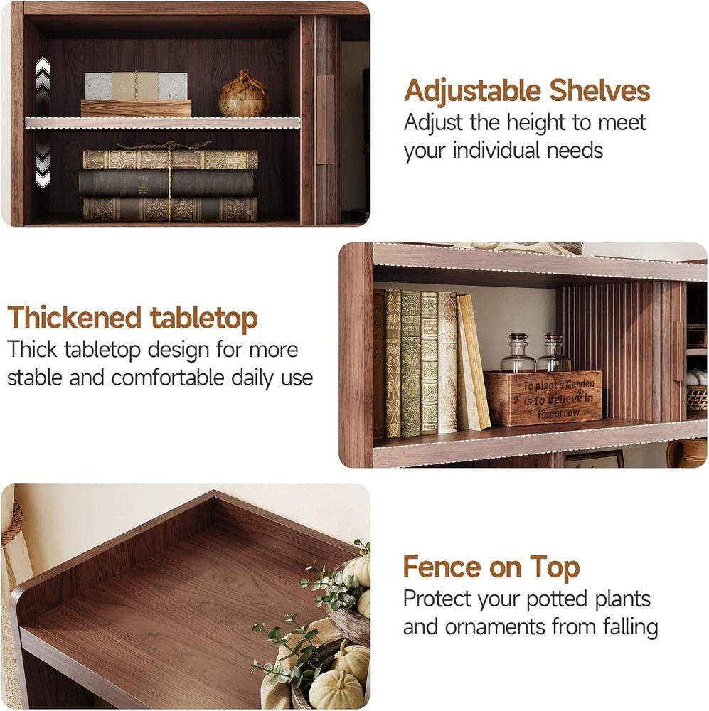 44" Sideboard Buffet Cabinet with Outlet & 2 Open Storage Spaces, Fluted Sideboa