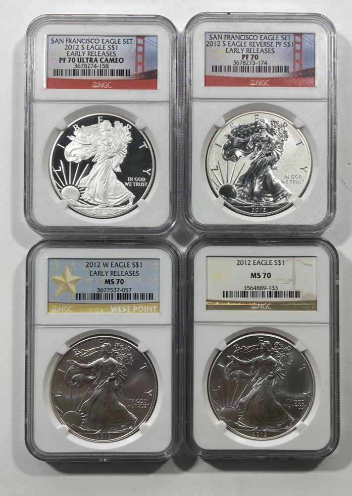 2012 4pc. Silver Eagle 1.00 Set. NGC MS70. All Varieties