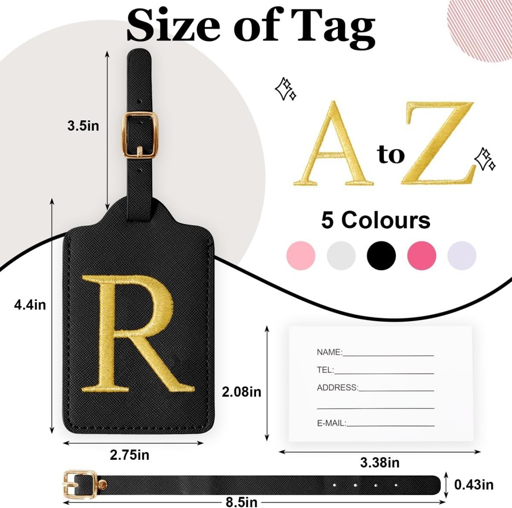Personalized Initial Luggage Tags for Suitcases,Leather letter-R, Black