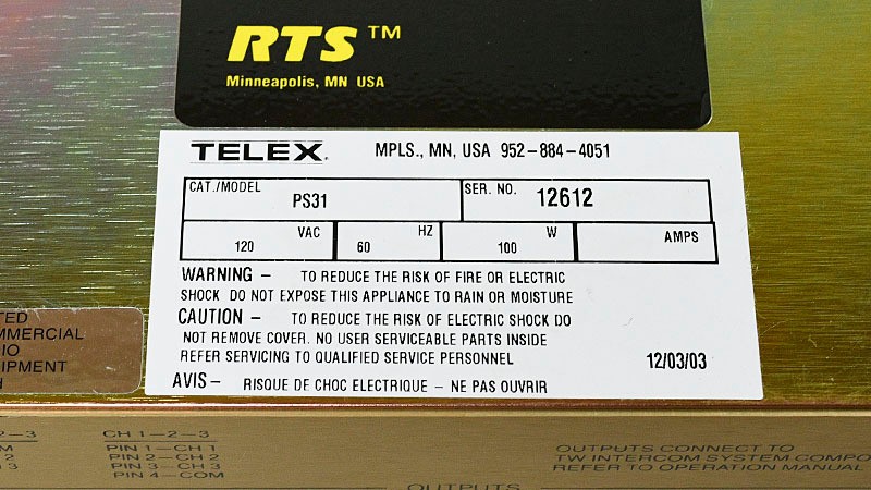 RTS Telex PS31 TW Intercom System Power Supply PS-31