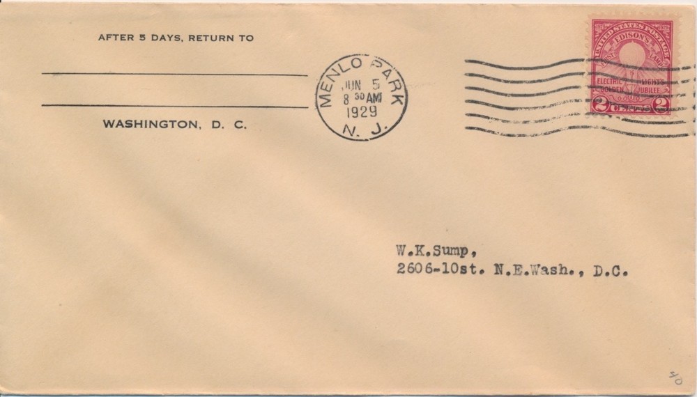 #654 Edisons Electric Lights Washington DC Return to envelope First Day cover