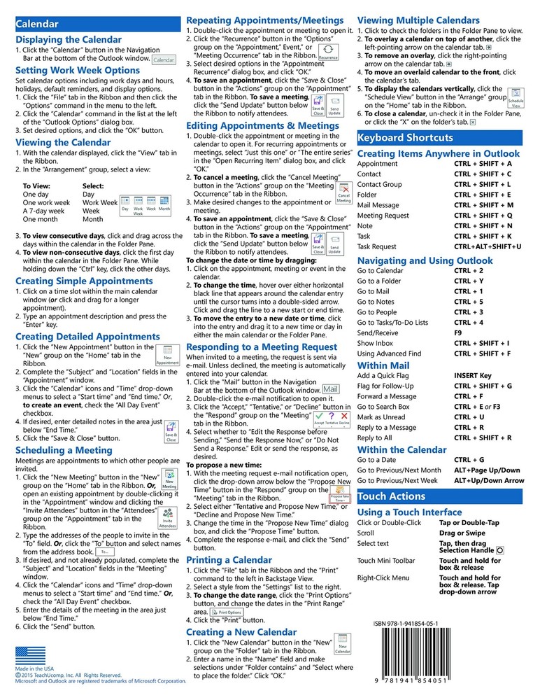 Outlook 2013 Training Guide Quick Reference Card 4 Page Cheat Sheet Instructions
