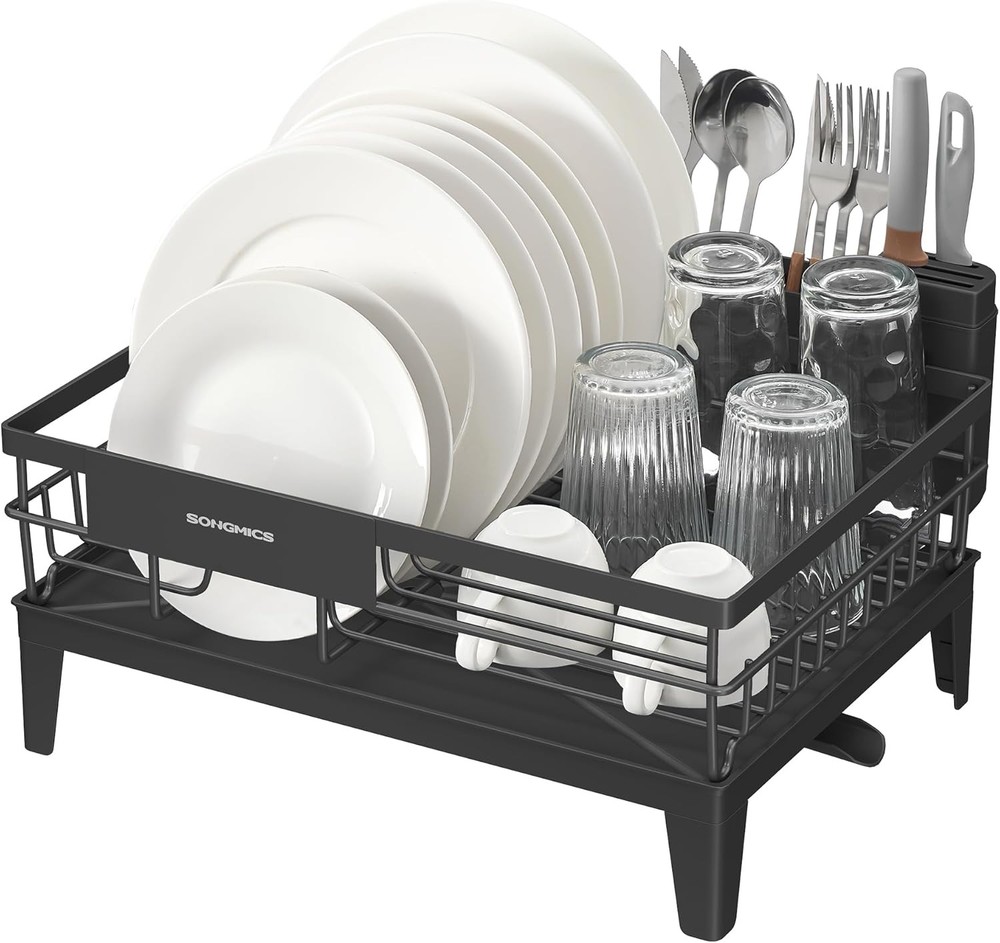 Dish Drying Rack, Kitchen Dish Rack with Drainboard, 360° Rotatable