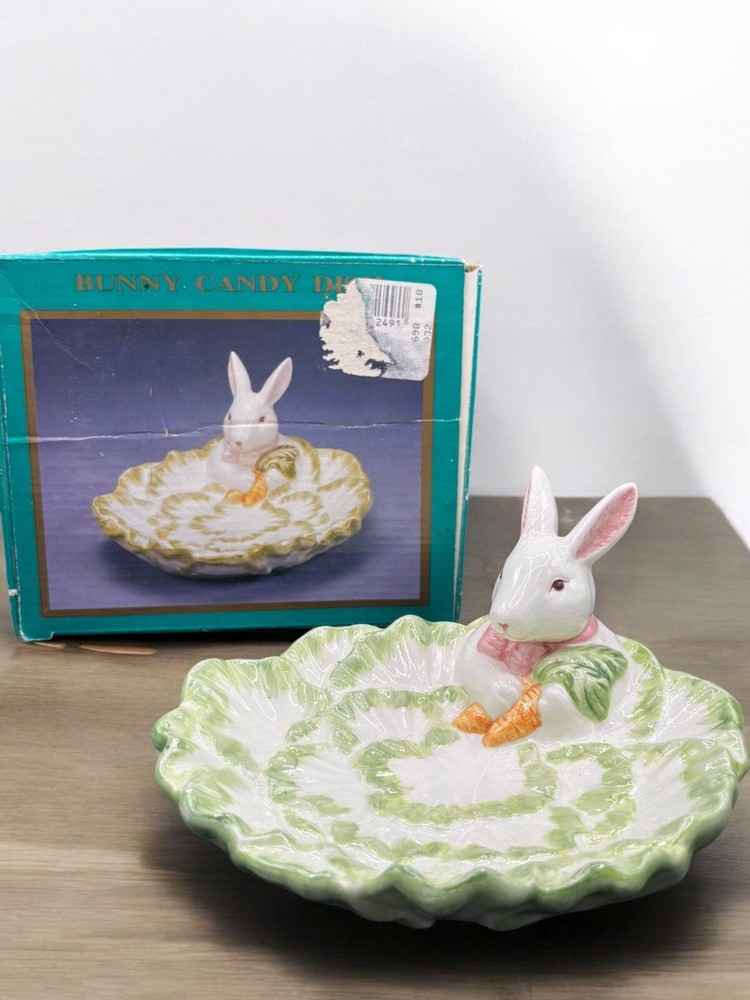 Vintage Porcelain Bunny Candy Dish World Bazaar 7"