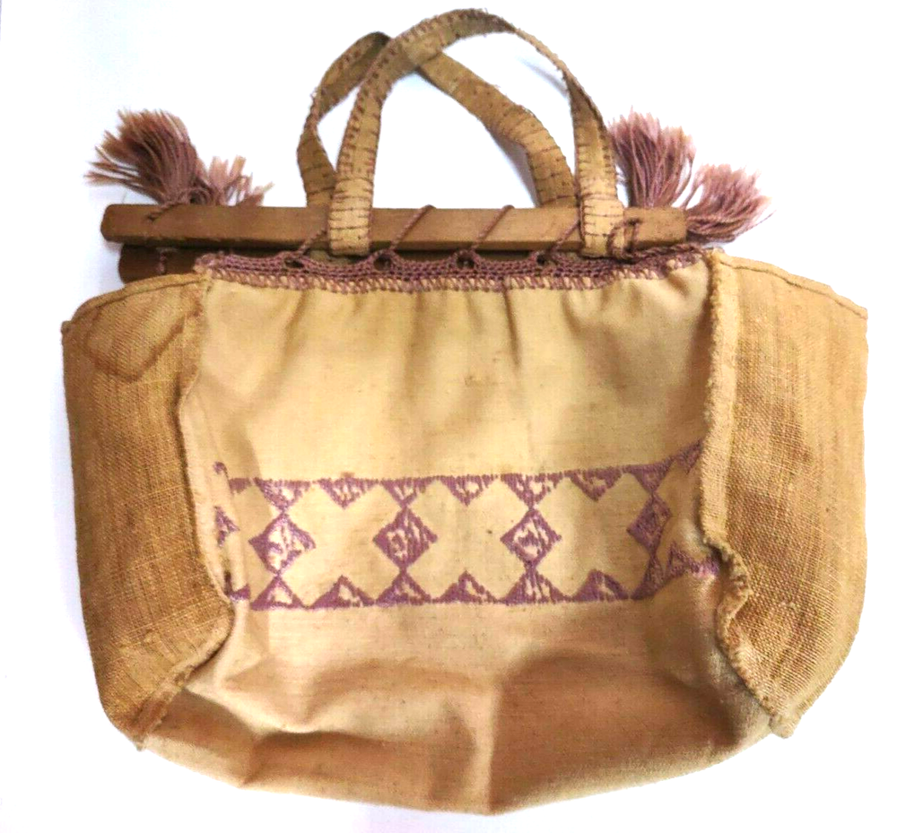 Bag Tote Needlepoint Crochet Burlap Wood Handles Primitive READ